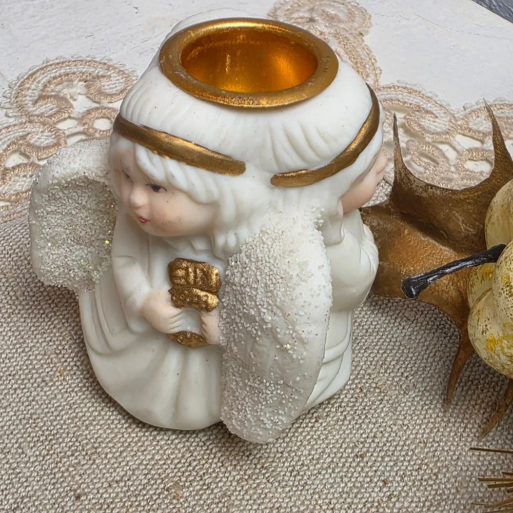 CLEARANCE 💲6️⃣ Vintage Single Angel Taper Candle Holder White Gold Glitter Wing